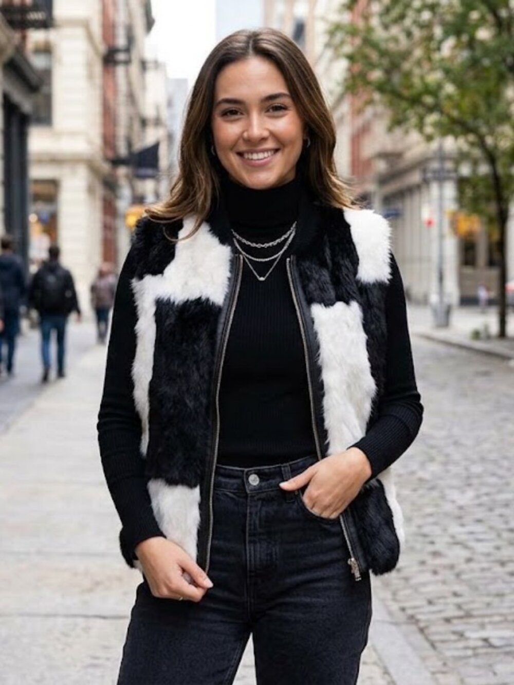 awina Black & White Real Fur & Leather Patchwork Vest (Size L) | NWOT Zip Front